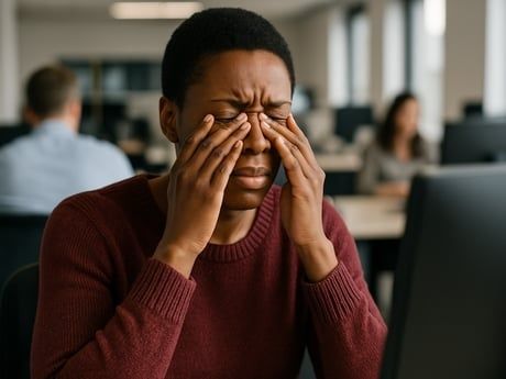 Werknemer wrijft in zijn ogen bij een bureau op kantoor